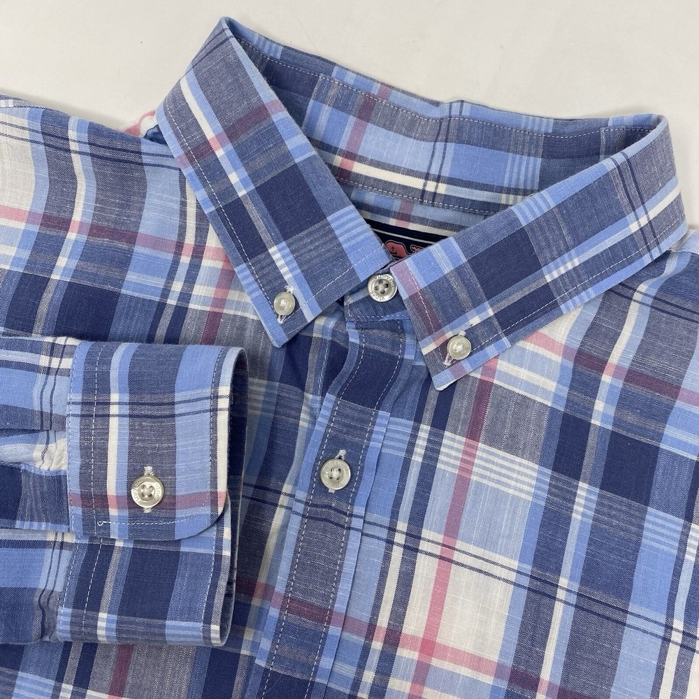 Vineyard Vines Button Down Shirt Mens XL Blue Pink Plaid‎ Slim Fit Whale Shirt